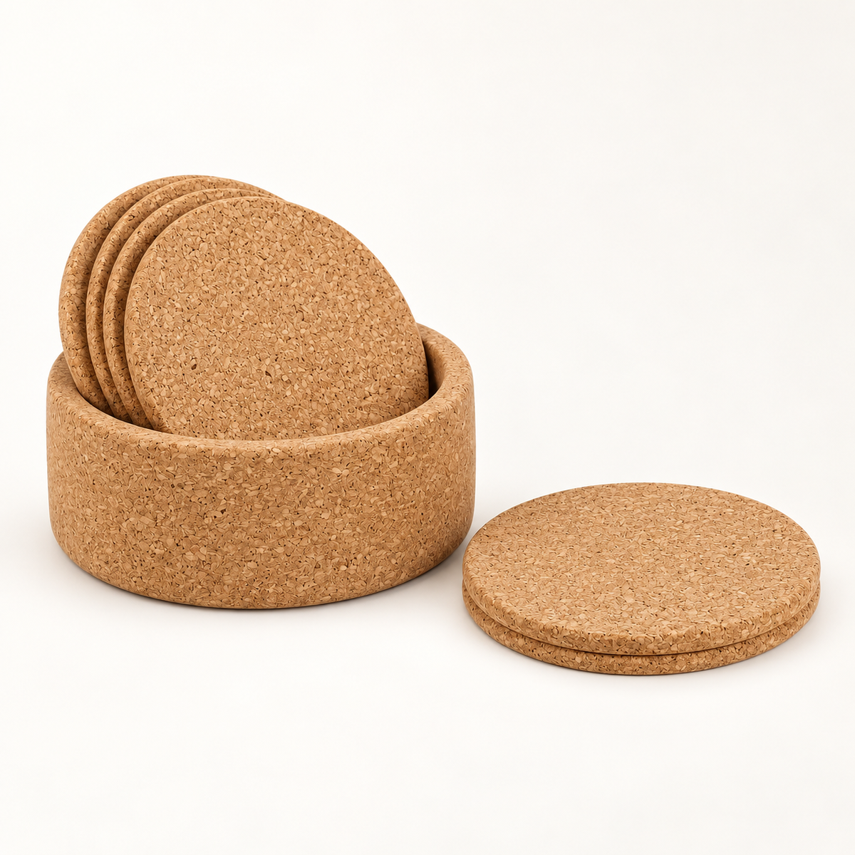 Round cork coasters and bottle holder set, Ø11 cm — premium studio hero