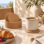 Round cork coasters and bottle holder set in a bright coffee table setting