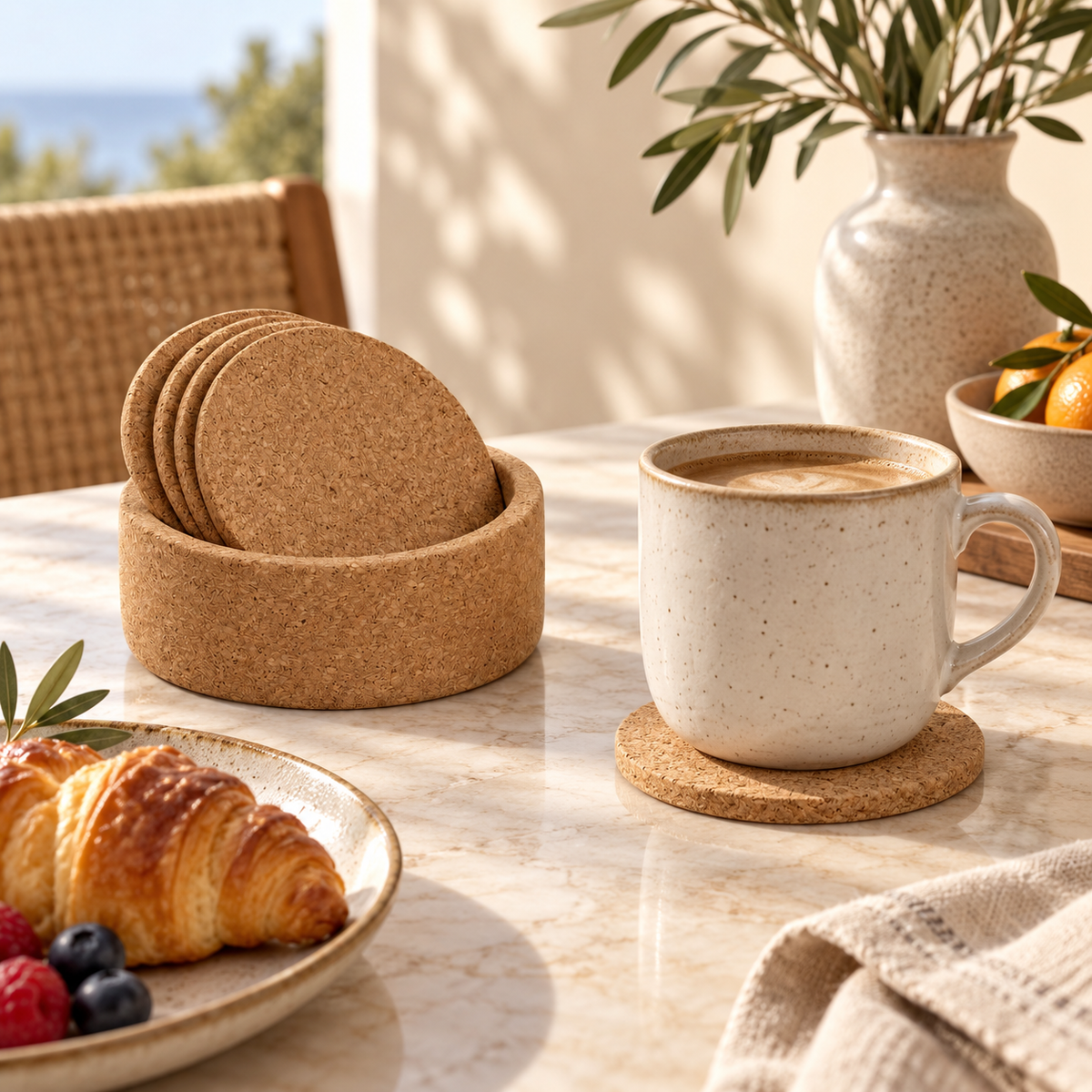 Round cork coasters and bottle holder set in a bright coffee table setting