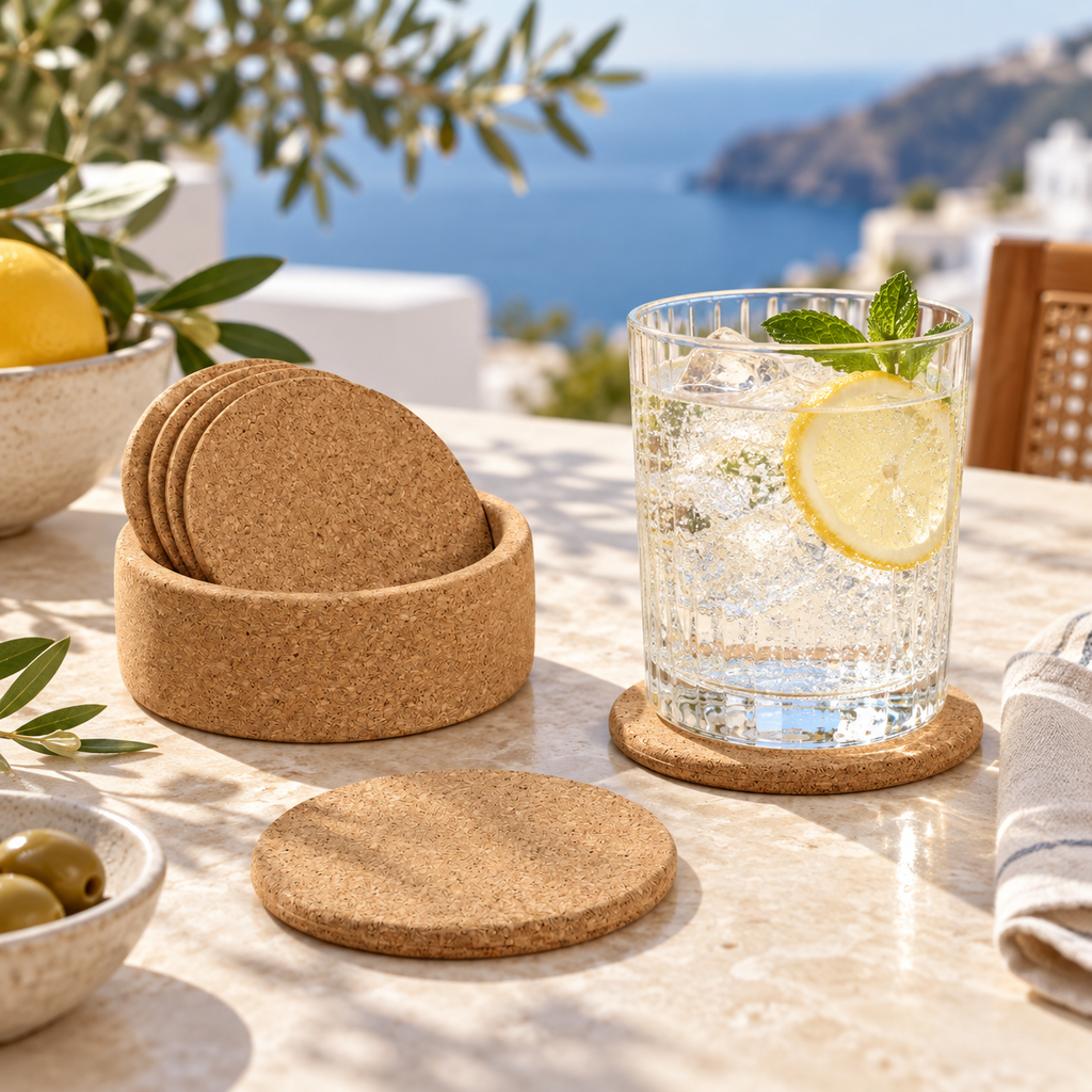 Round cork coasters and bottle holder set in a bright cold-drink table setting