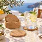 Round cork coasters and bottle holder set in a bright cold-drink table setting