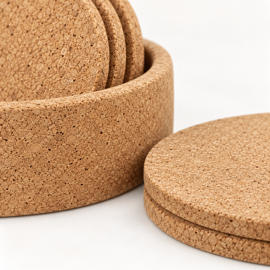 Macro close-up of natural cork coasters and holder texture