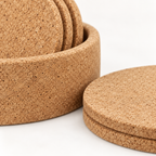 Macro close-up of natural cork coasters and holder texture