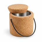 Round cork ice bucket, angled studio view showing removable cork lid, stainless-steel interior and black cord handle