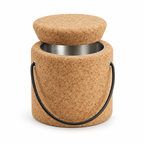 Round cork ice bucket with lid, Ø145 × H146 mm, natural cork with stainless-steel interior and black cord handle on white background