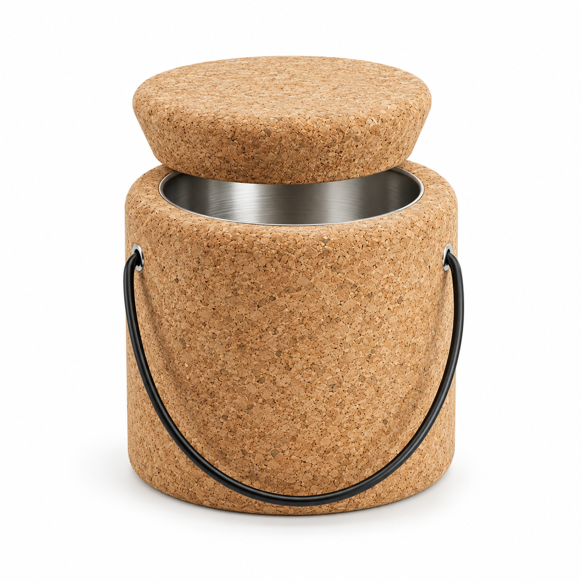 Round cork ice bucket with lid, Ø145 × H146 mm, natural cork with stainless-steel interior and black cord handle on white background