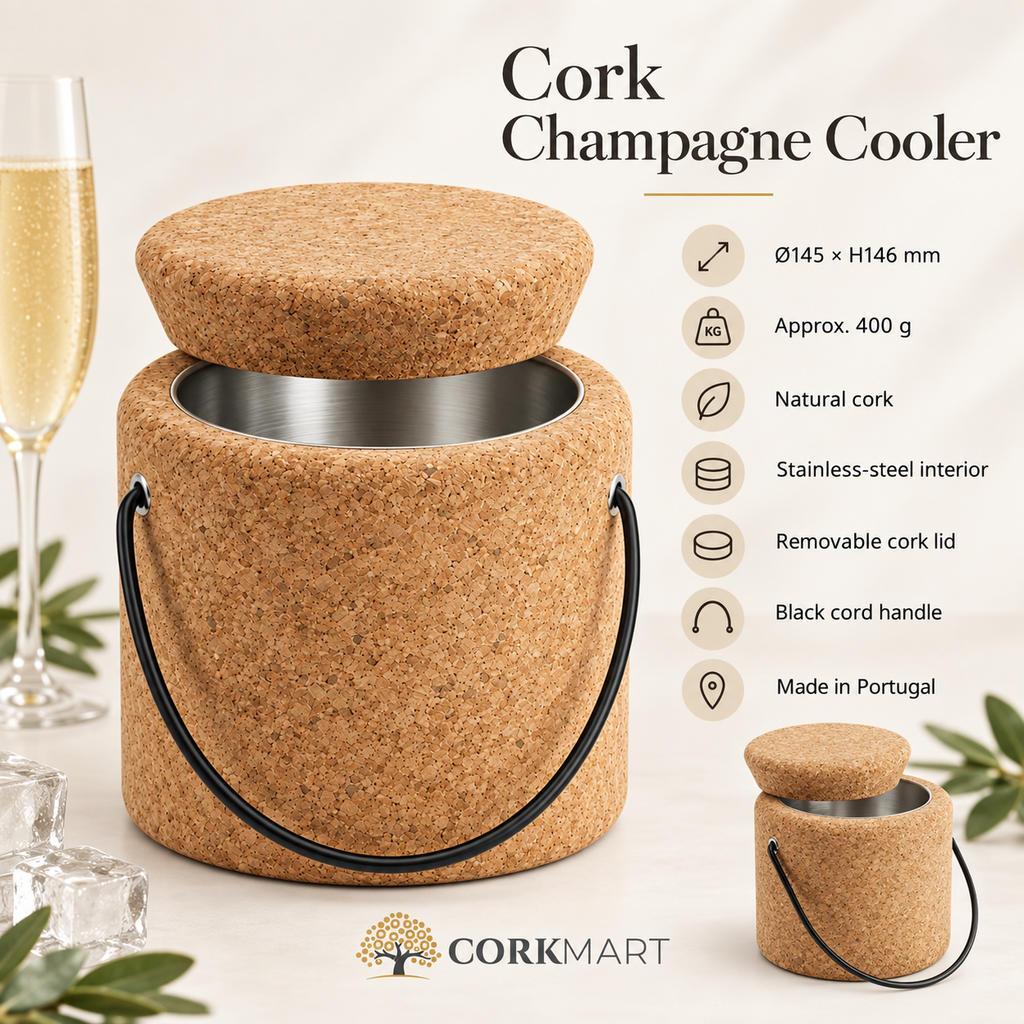Round cork ice bucket infographic with Ø145 × H146 mm dimensions, 400 g weight, natural cork, stainless-steel interior, removable lid, black cord handle and Made in Portugal