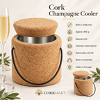Round cork ice bucket infographic with Ø145 × H146 mm dimensions, 400 g weight, natural cork, stainless-steel interior, removable lid, black cord handle and Made in Portugal