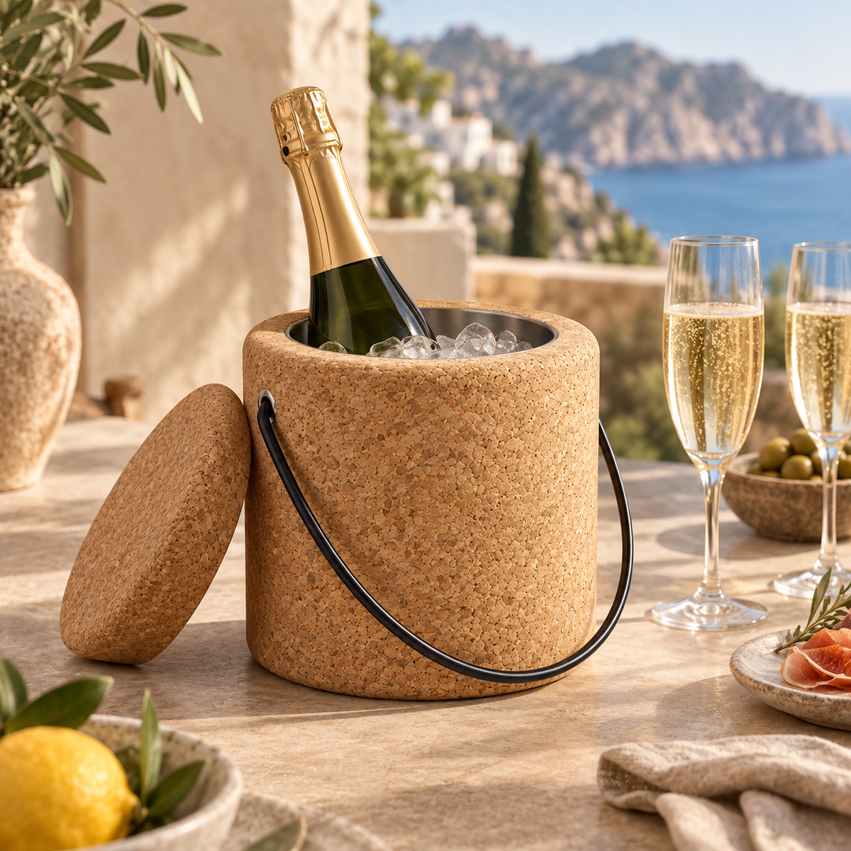 Round cork ice bucket with sparkling wine bottle, ice and removable lid in a warm Mediterranean lifestyle setting