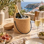 Round cork ice bucket used with a chilled sparkling wine bottle and ice in a Mediterranean dining setting