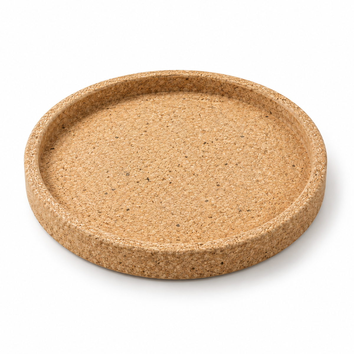 Round natural cork serving tray, angled studio view showing the 30 mm profile