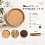 Round cork serving tray infographic with Ø30 cm dimensions, 30 mm profile, weight, finishes and Made in Portugal