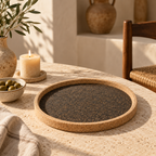 Round Dark cork serving tray in a warm Mediterranean lifestyle setting