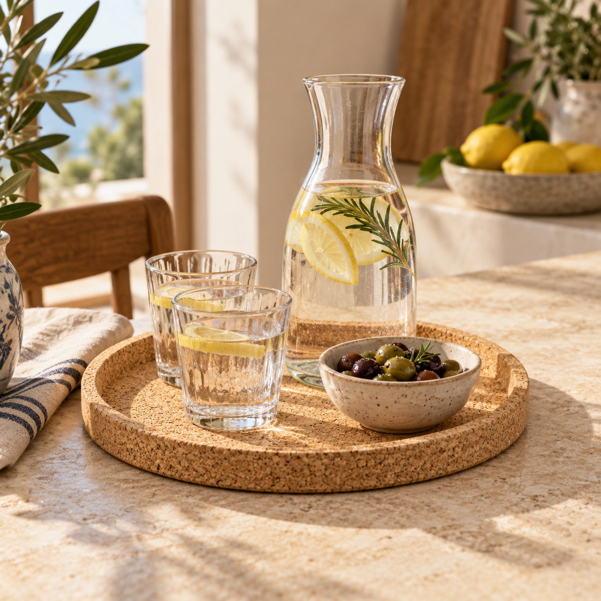 Round natural cork serving tray used for drinks and olives in a Mediterranean kitchen