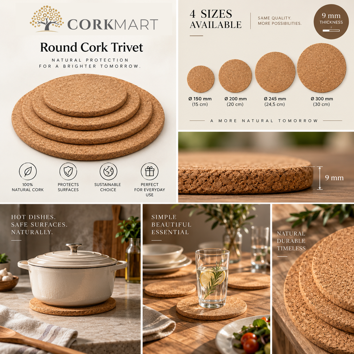 Round Cork Trivet editorial collage with official CorkMart logo, 9 mm thickness and sizes Ø150, Ø200, Ø245 and Ø300 mm