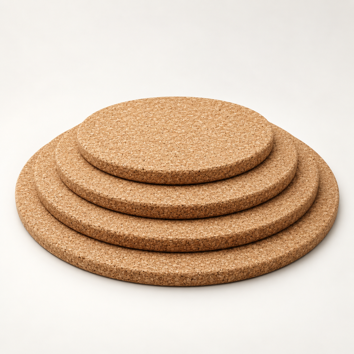 Round cork trivet, 9 mm, available in Ø150, Ø200, Ø245 and Ø300 mm — premium studio hero