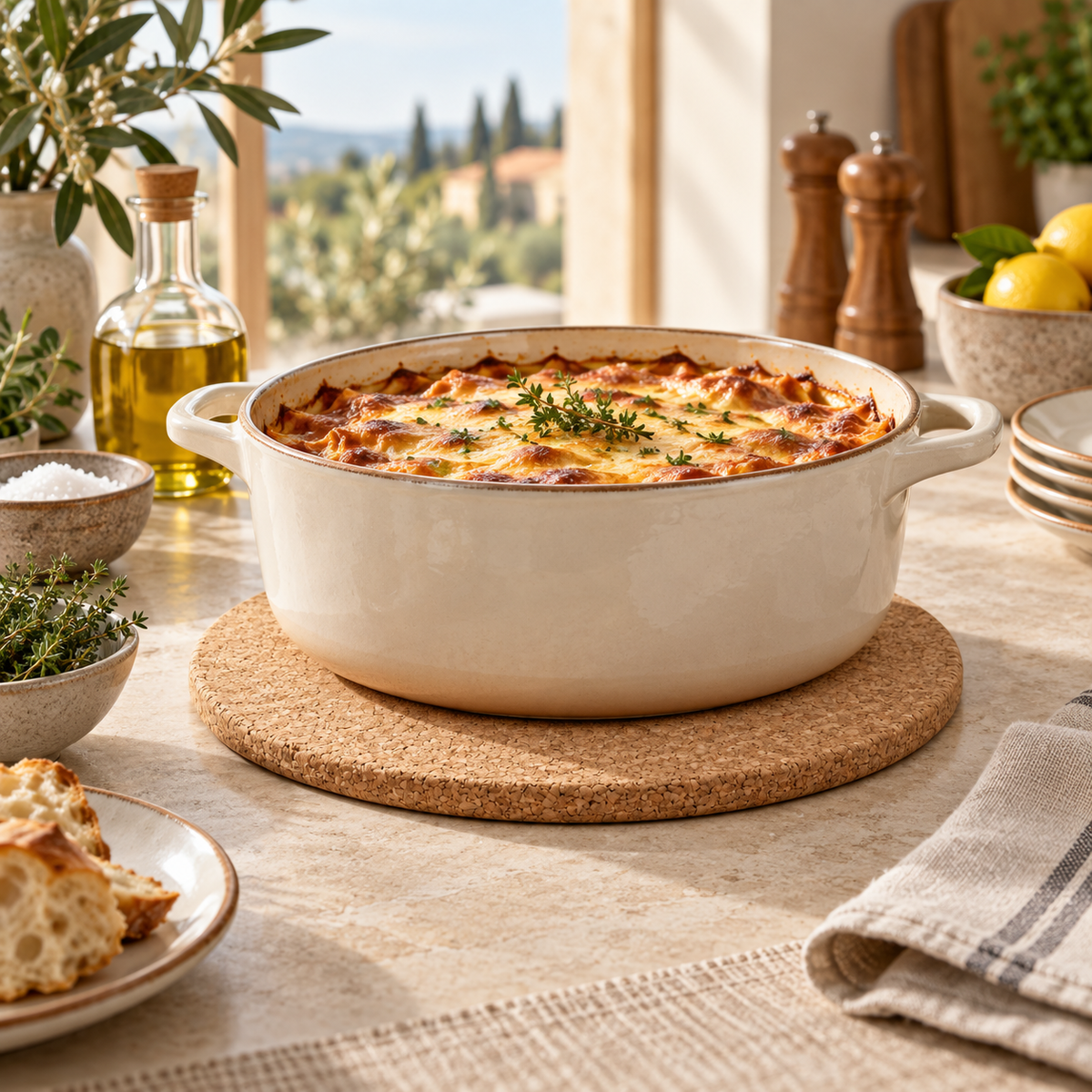 Round cork trivet supporting a hot serving dish in a bright Mediterranean kitchen setting