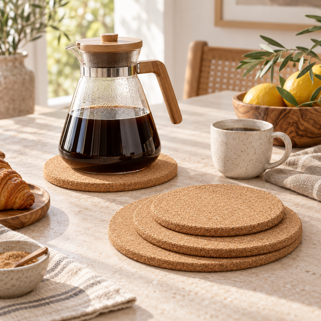 Round cork trivets in a bright table setting with coffee service