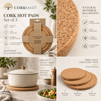 Round cork trivet set of 3 editorial collage with official CorkMart logo, Ø14, Ø18 and Ø22 cm, 10 mm thick