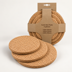 Round cork trivet set of 3 with retail hanging pack, Ø140, Ø180 and Ø220 mm, 10 mm thick