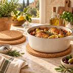 Round cork trivet set in a bright Mediterranean kitchen with a hot serving dish