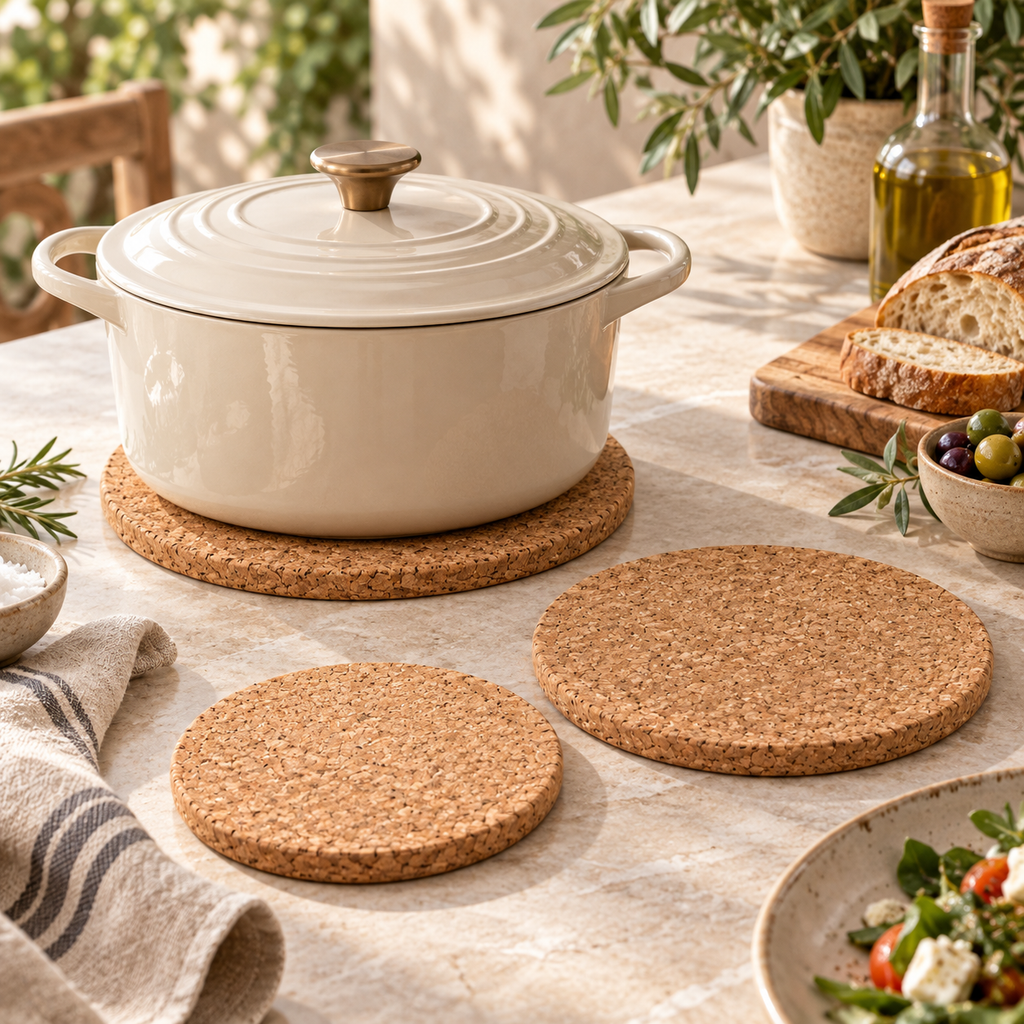 Round cork trivet set of three in a warm Mediterranean table setting