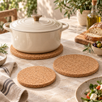 Round cork trivet set of three in a warm Mediterranean table setting