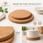CorkMart editorial collage for Round Cork Trivets | 10 mm | Set of 3