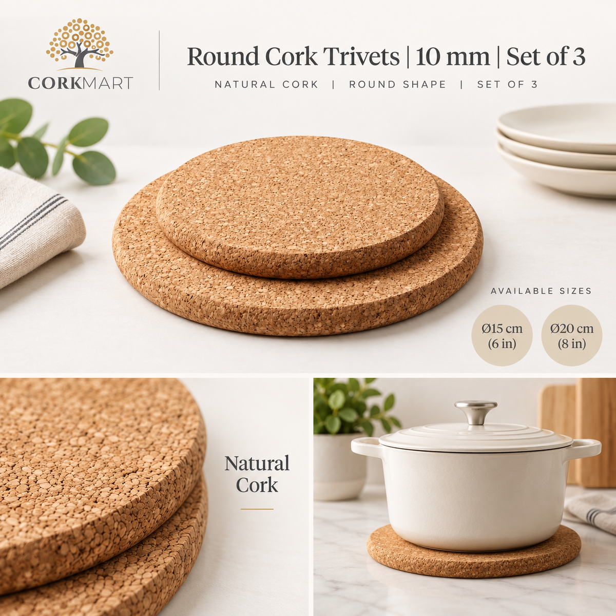 CorkMart editorial collage for Round Cork Trivets | 10 mm | Set of 3