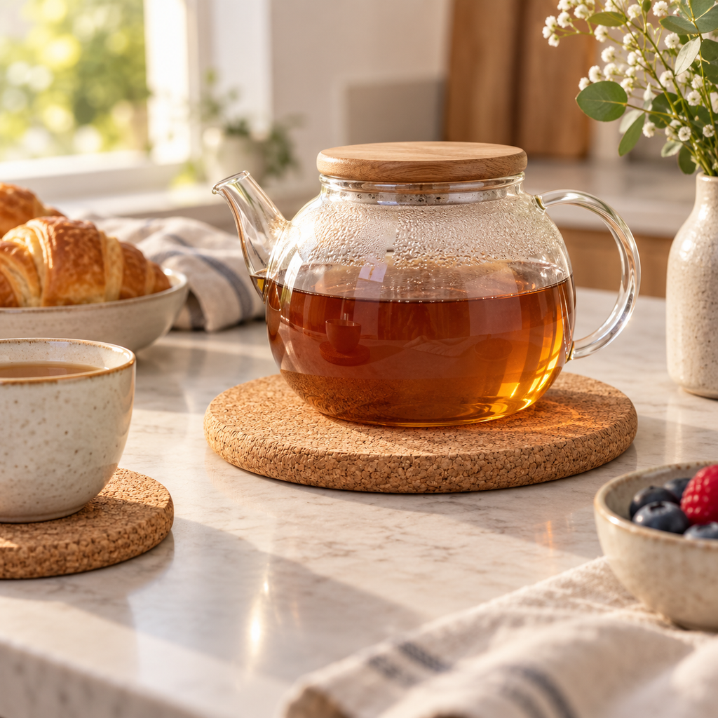 Round Cork Trivets | 10 mm | Set of 3 — round cork trivet in a tea setting