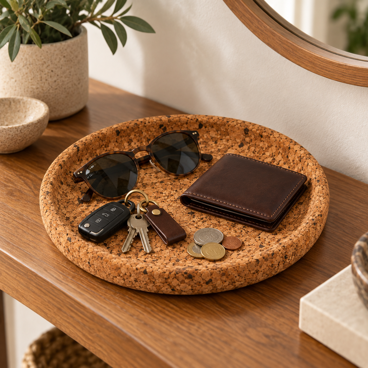 Round Cork Valet Tray Country Finish — entryway use with everyday essentials