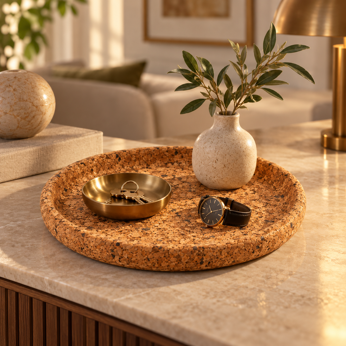 Round Cork Valet Tray Country Finish — premium lifestyle setting