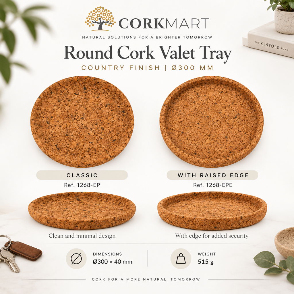 CorkMart infographic — Classic Ref. 1268-EP and With Raised Edge Ref. 1268-EPE, Ø300 × 40 mm, 515 g