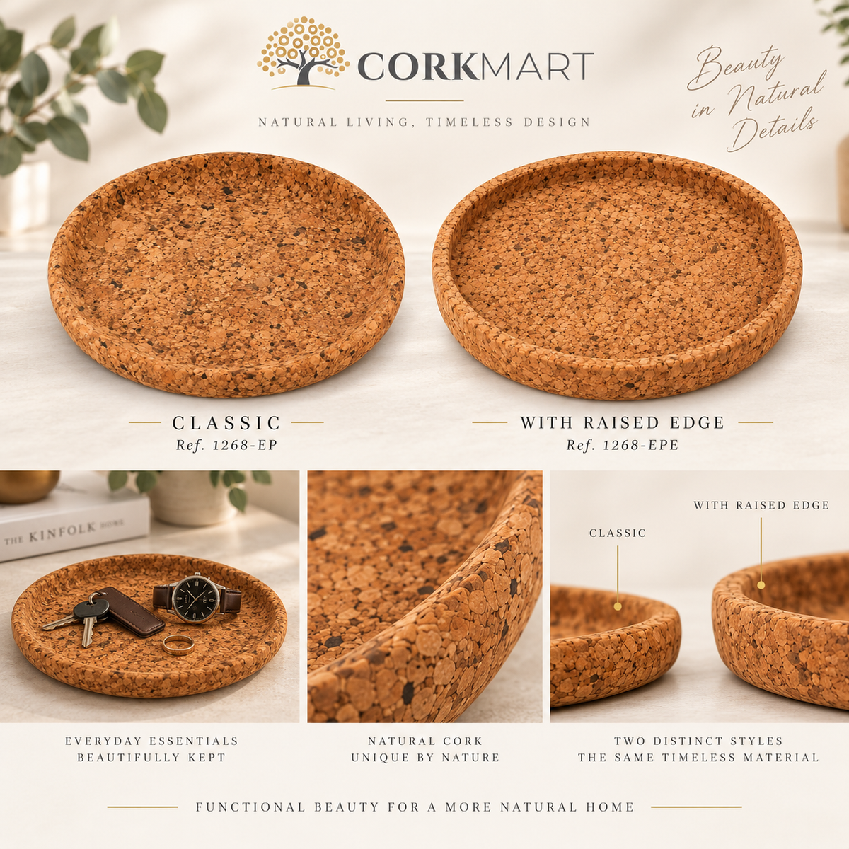 CorkMart editorial collage — Round Cork Valet Tray Country Finish Classic and With Raised Edge