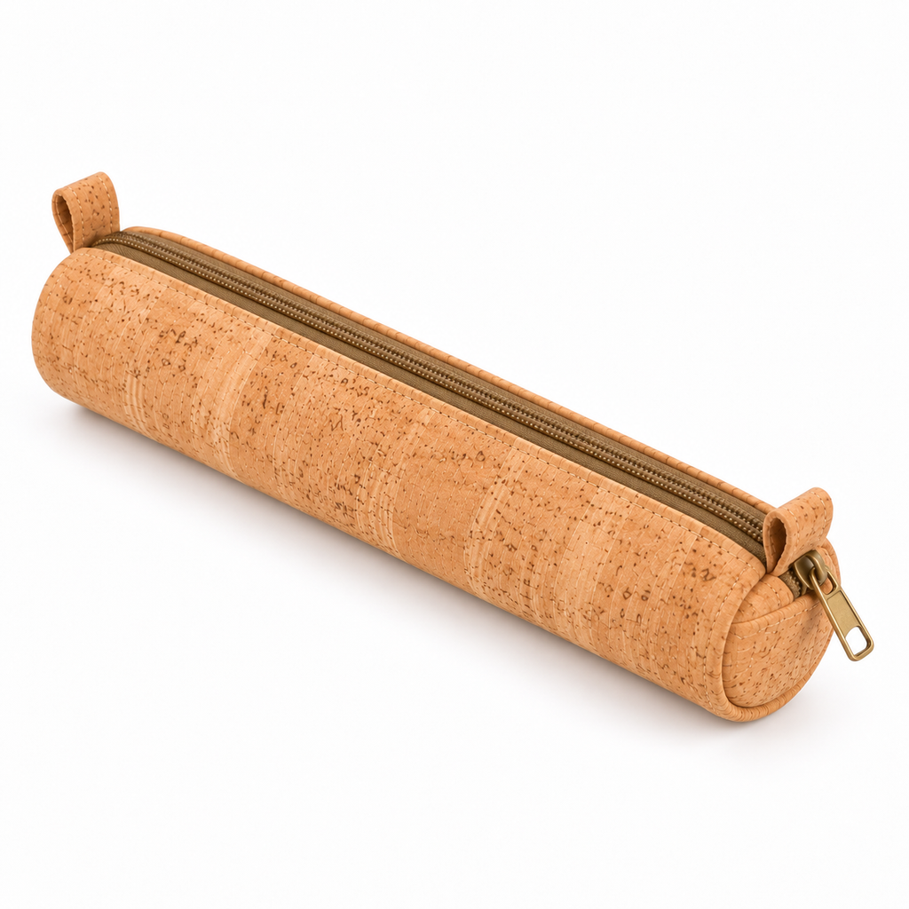 Round Natural Cork Pencil Case Ref. 8946 — angled tubular studio view