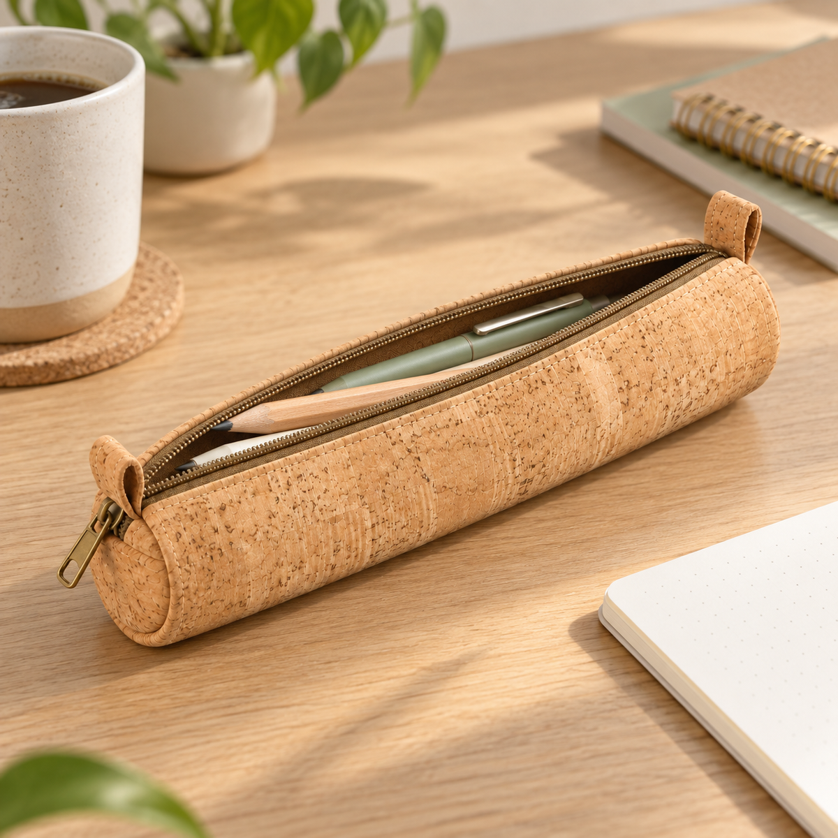 Round Natural Cork Pencil Case Ref. 8946 — open on desk with pencils and pen