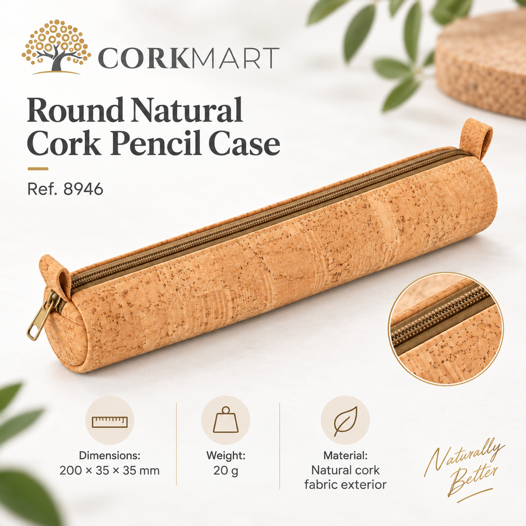 CorkMart infographic — Round Natural Cork Pencil Case Ref. 8946, 200 × 35 × 35 mm, 20 g