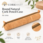 CorkMart infographic — Round Natural Cork Pencil Case Ref. 8946, 200 × 35 × 35 mm, 20 g