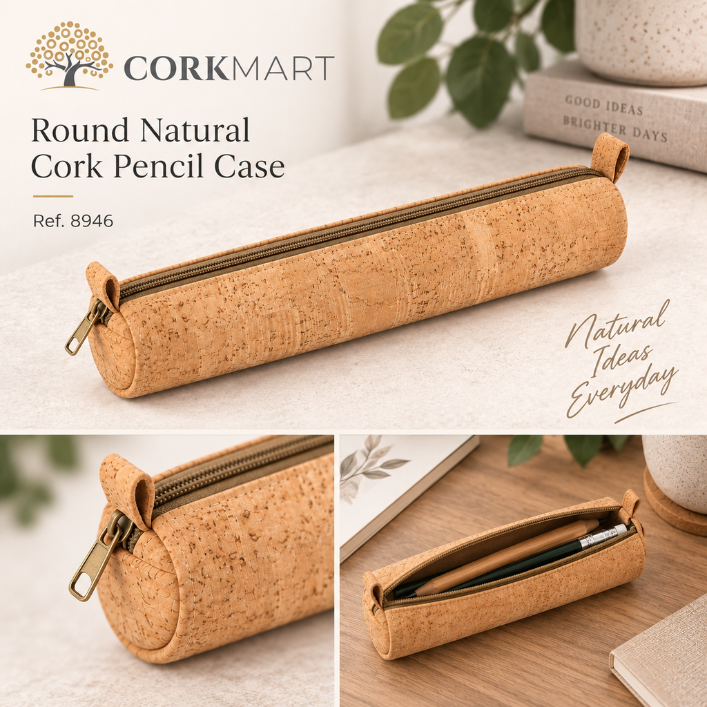 CorkMart editorial collage — Round Natural Cork Pencil Case Ref. 8946