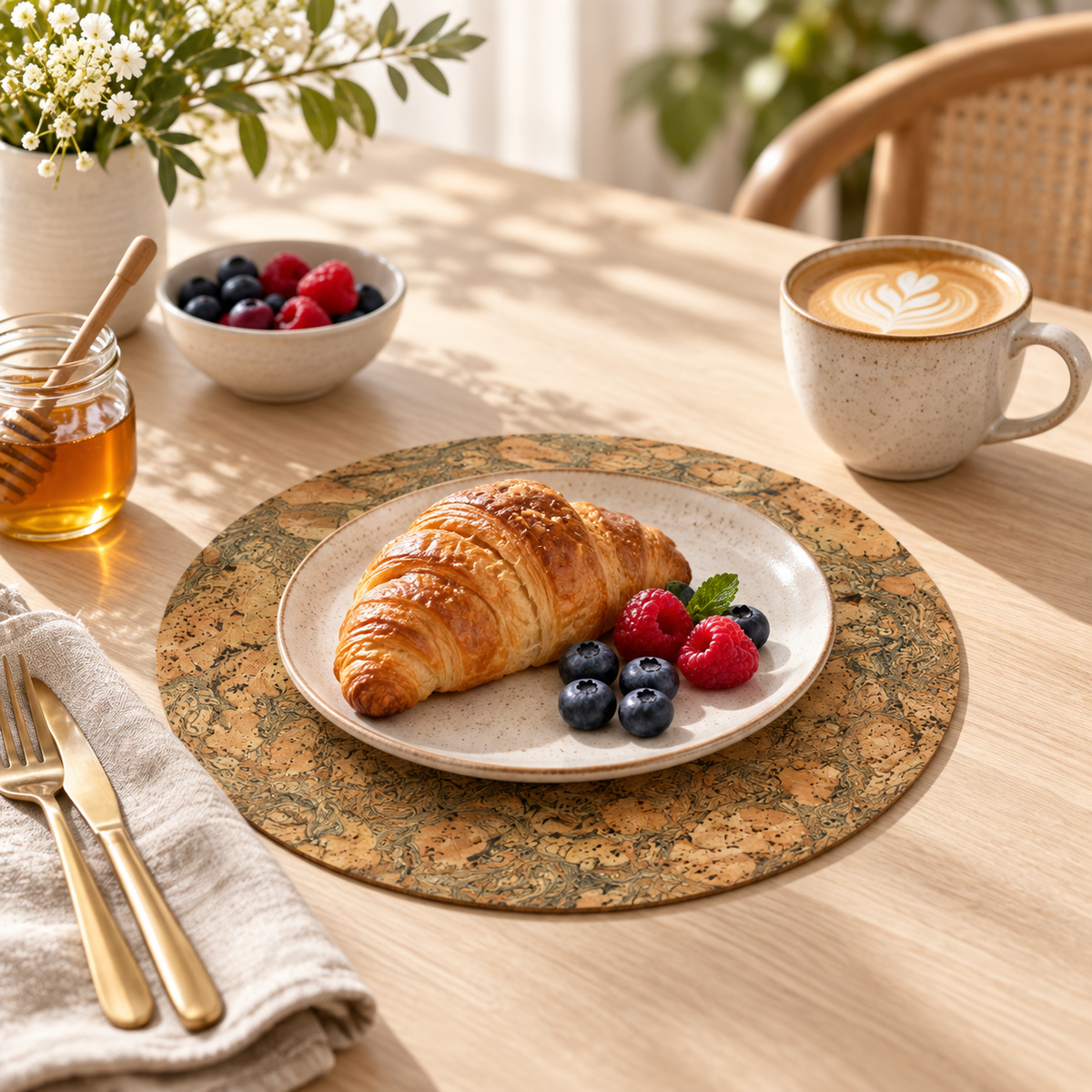 Round natural cork placemat in a bright breakfast table setting