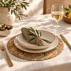 Round natural cork placemat in a refined Mediterranean dining table setting