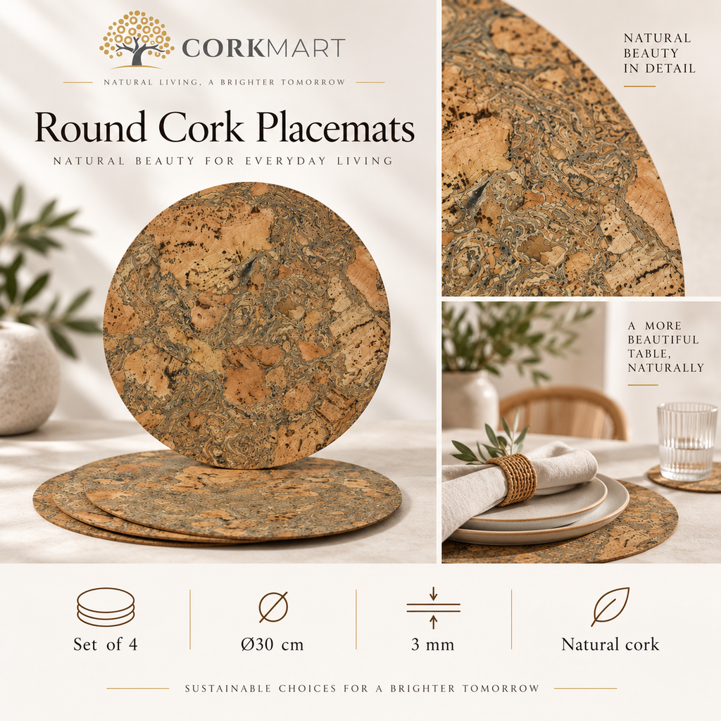 Round natural cork placemats — set of 4, Ø300 × 3 mm, material and lifestyle overview