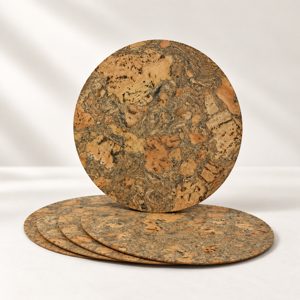 Stack of four round natural cork placemats showing circular profile and thin edges
