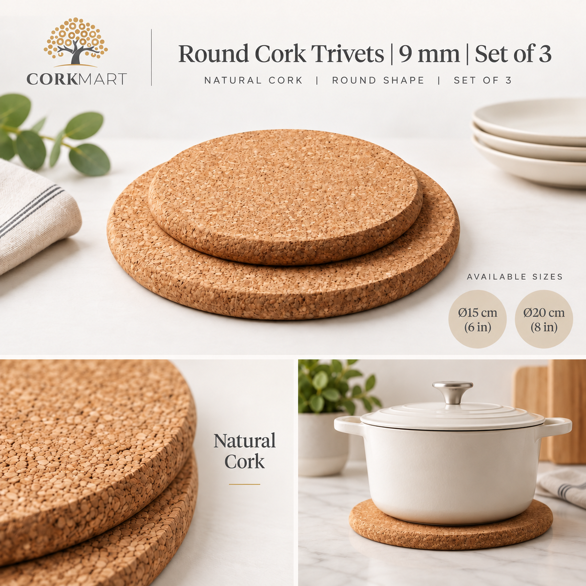 CorkMart round cork trivets set of 3, 9 mm thick editorial collage