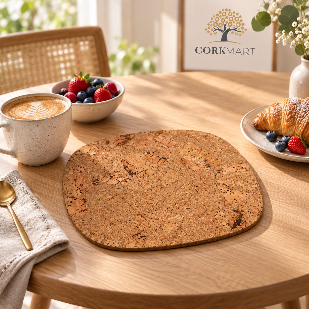Rounded Square Iceberg Natural cork placemat in a bright breakfast table setting