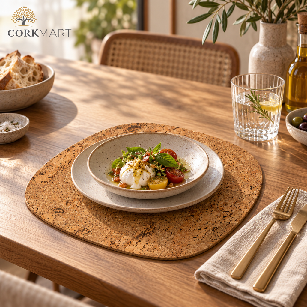 Rounded Square Iceberg Natural cork placemat in a refined Mediterranean dining table setting