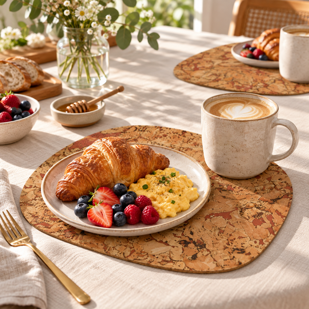 Rounded Square Maroon cork placemat in a warm breakfast table setting