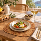 Rounded Square Maroon cork placemat in a refined Mediterranean dining table setting