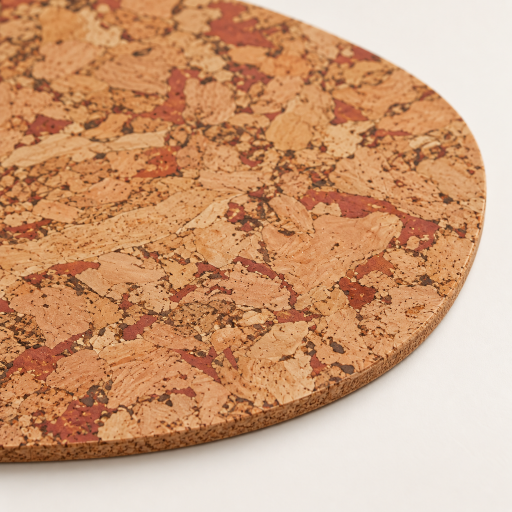 Macro close-up of Rounded Square Maroon cork placemat surface and thin 3 mm edge