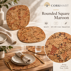 Rounded Square Maroon cork placemats — set of 4, 307 × 307 × 3 mm, material and lifestyle overview